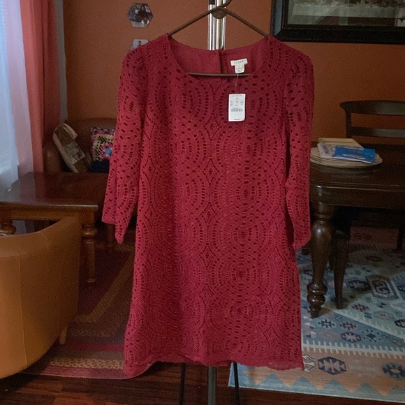 NWT J Crew Wine Lace 3/4 Sleeve Shift Dress - Picture 3 of 6